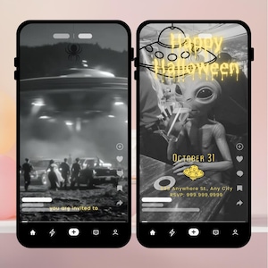 May include: Two smartphone screens displaying Halloween-themed graphics. One shows a UFO scene with people and the text "you are invited to". The other features an alien with the text "Happy Halloween" and "October 31".