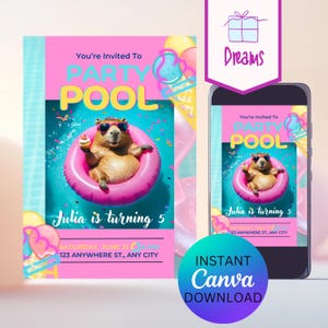 Capybara Pool Party Invitation: Editable Summer Birthday Template (Digital Download)