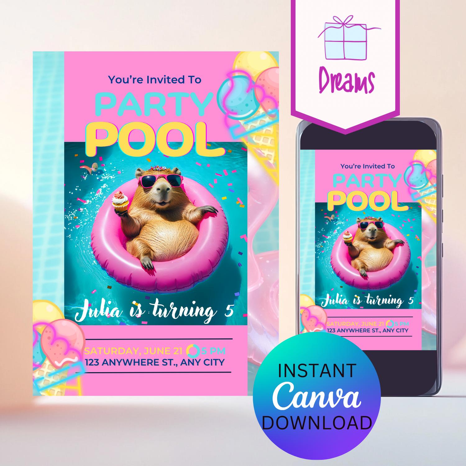 Capybara Pool Party Invitation: Editable Summer Birthday Template (Digital Download)