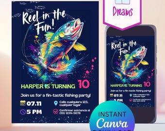 Fishing Birthday Invitation: Neon Bass, Editable Canva Template (Digital Download)