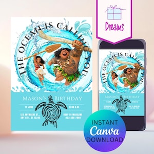 Moana Birthday Invitation: Ocean Theme, Editable Canva Template (Digital Download)