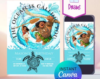 May include: A blue and white printable invitation with a cartoon image of Maui and Moana from the movie Moana. The text on the invitation reads "The Ocean is Calling You" and "Mason's Birthday".