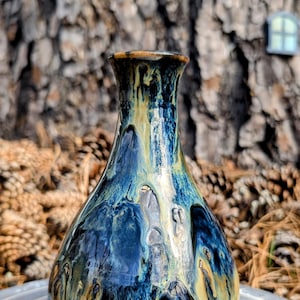 Handmade Ceramic Vase with Mesmerizing Blue & Beige Drip Glaze – Rustic Elegance for Your Home
