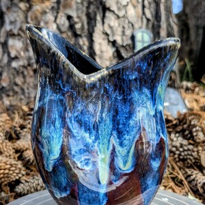Handmade Flattened Ceramic Vase with Stunning Blue Drip Glaze – Unique Artisan Piece