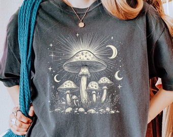 Mushroom Shirt, Stars and Moons Celestial Tee, Comfort Colors T-shirt