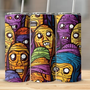 Surreal Creepy Mummy and Halloween Tumbler, 20 oz Skinny Stainless Steel Tumbler, Spooky monster heads, Halloween Cup