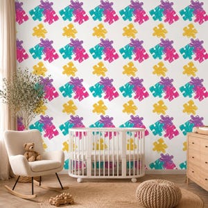 Colorful Scribble Puzzle Piece Wallpaper for Kids Nursery, Neurodiversity Awareness Playroom Decor, Vibrant Hand Drawn Wall Decal