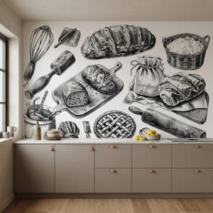 Vintage Bakery Sketch Hand-Drawn Wallpaper, Kitchen Wall Mural Decor, Charcoal Baking Illustration, Bread Lover Aesthetic, Cafe Wall Decal