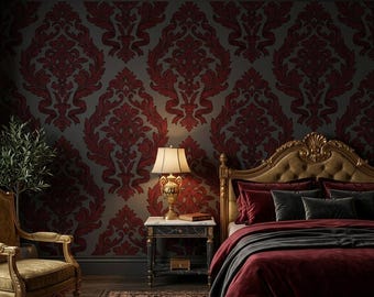 Burgundy Damask Gothic Wallpaper, Moody Victorian Dark Home Decor, Elegant Damask Wall Mural, Traditional Vintage Damask Pattern