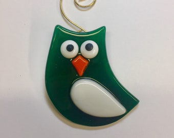 Owl Green & White Fused Glass Ornament