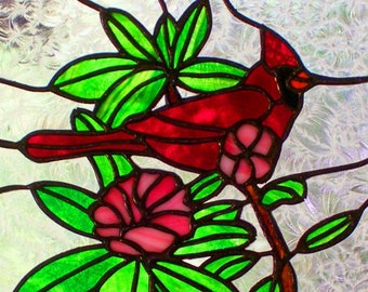 Cardinal and Rhododendron Stained Glass Framed Panel