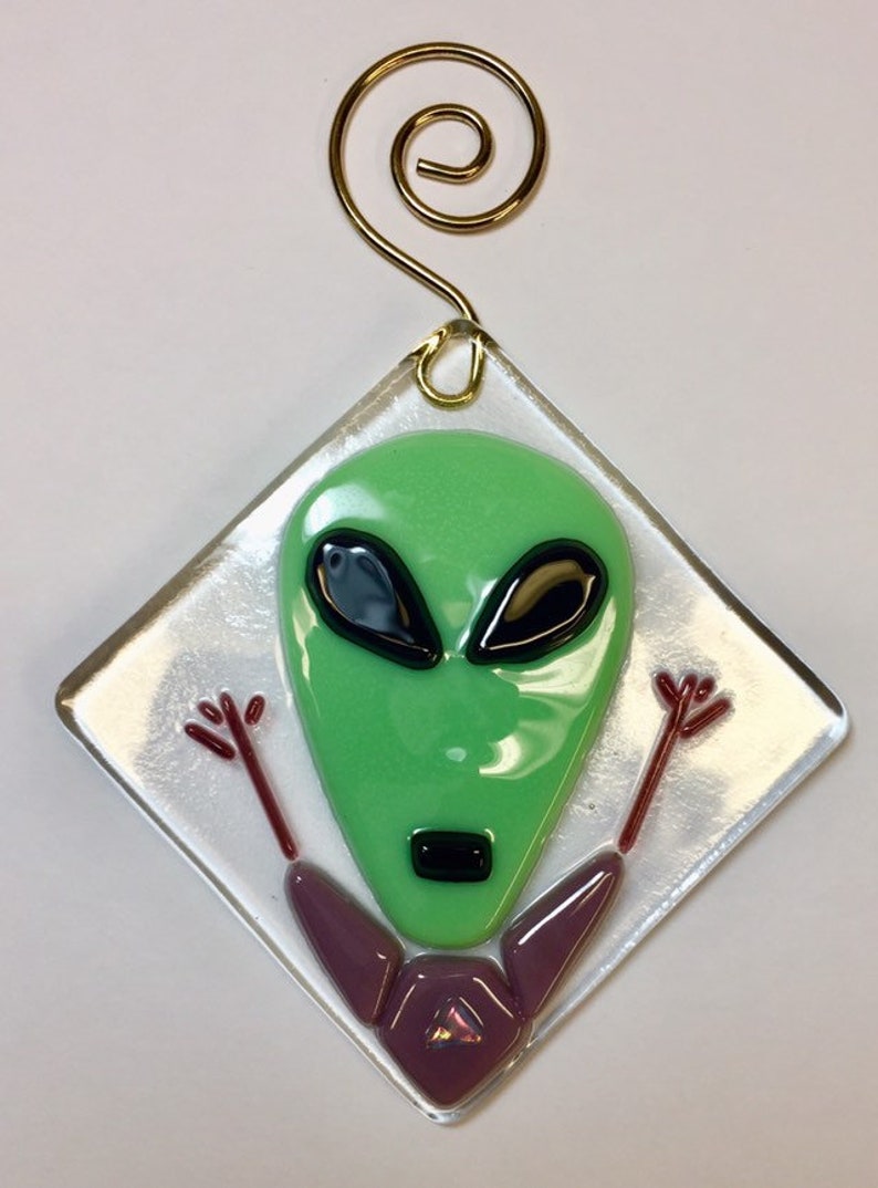 Alien in a Tshirt fused glass sun catcher ornament image 1