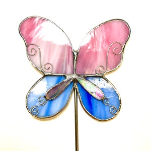 Pink and Blue Butterfly Stained Glass Garden Art Stake