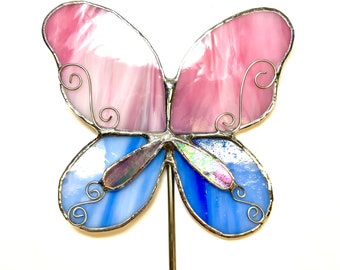 Pink and Blue Butterfly Stained Glass Garden Art Stake