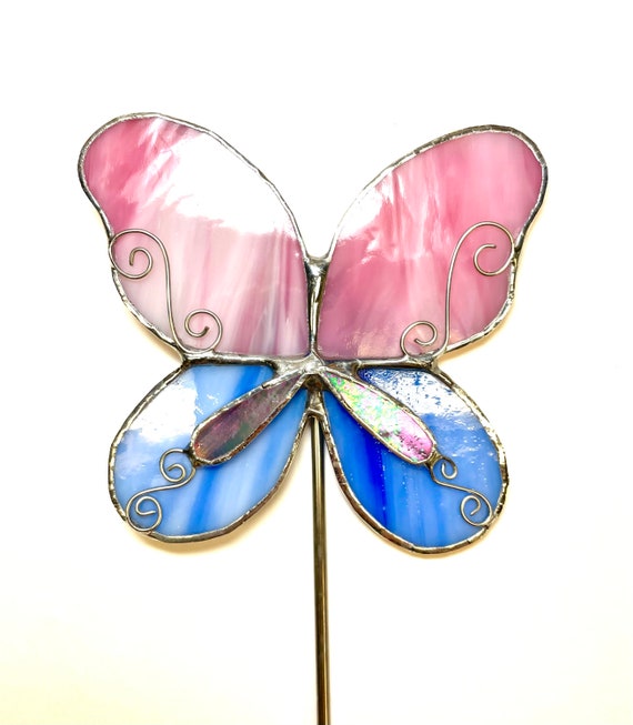 Pink and Blue Butterfly Stained Glass Garden Art Stake Etsy
