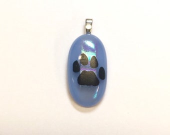 Paw Print on Rainbow Dichroic and Light Blue Fused Glass Pendant with Necklace