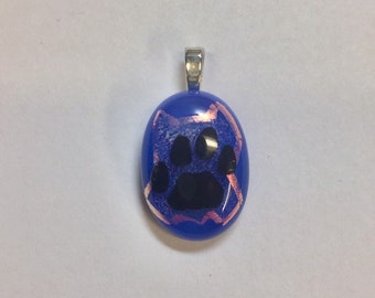 Paw Print on Pink Dichroic and Dark Blue Fused Glass Pendant with Necklace