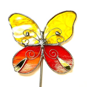 Yellow and Orange Butterfly Stained Glass Garden Art Stake image 1