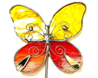 Yellow and Orange Butterfly Stained Glass Garden Art Stake