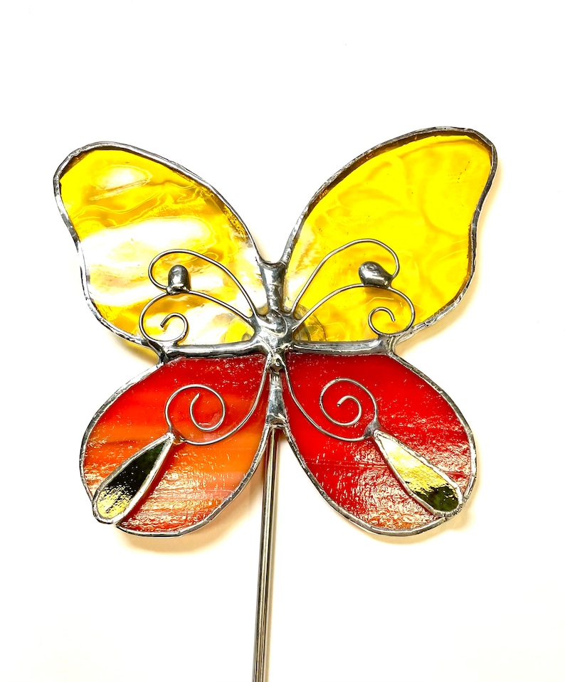 Yellow and Orange Butterfly Stained Glass Garden Art Stake image 1