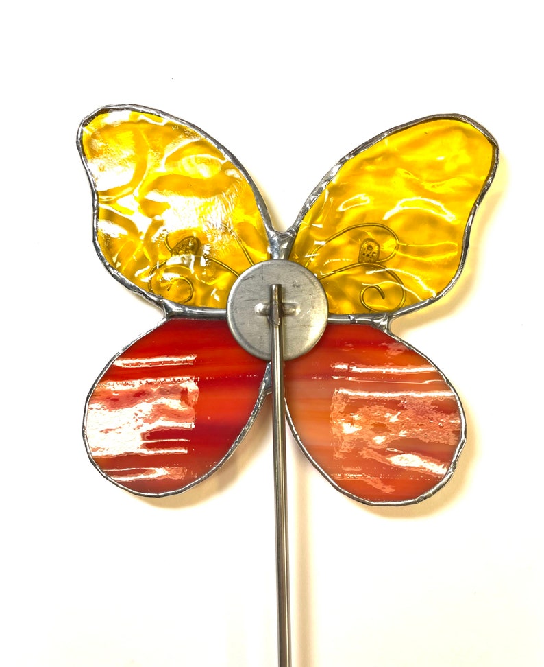Yellow and Orange Butterfly Stained Glass Garden Art Stake image 3