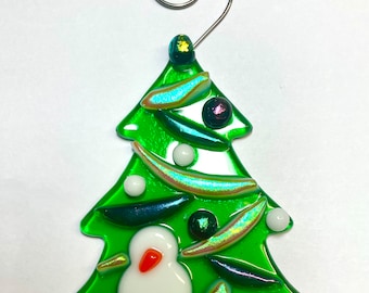 Christmas Tree & Snowman Fused Glass Ornament