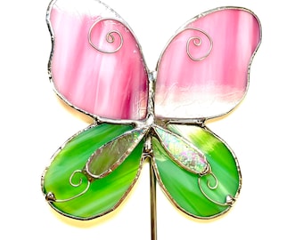 Pink and Green Butterfly Stained Glass Garden Art Stake