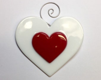 Valentine’s Red and white Heart Fused Glass Sun Catcher