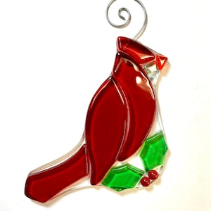 Cardinal & Holly Fused Glass Sun Catcher Ornament