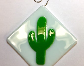 Green Cactus Fused Glass Sun Catcher - White Background & Green Cactus