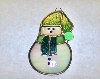 Green & White Snowman Stained Glass Sun Catcher