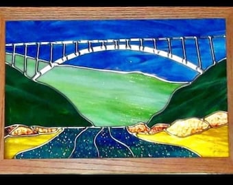 New River Gorge Bridge Stained Glass Panel Framed in Oak