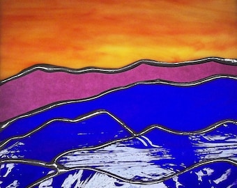 Mountain Tops at Sunset Stained Glass Panel