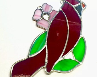 Cardinal with Rhododendron Stained Glass Sun Catcher