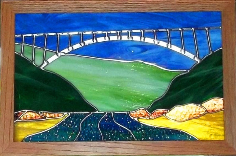 New River Bridge Stained Glass Panel Framed Etsy