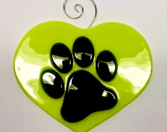 Bright Green Paw Heart Fused Glass Sun Catcher Lemongrass Green Heart & Black Paws