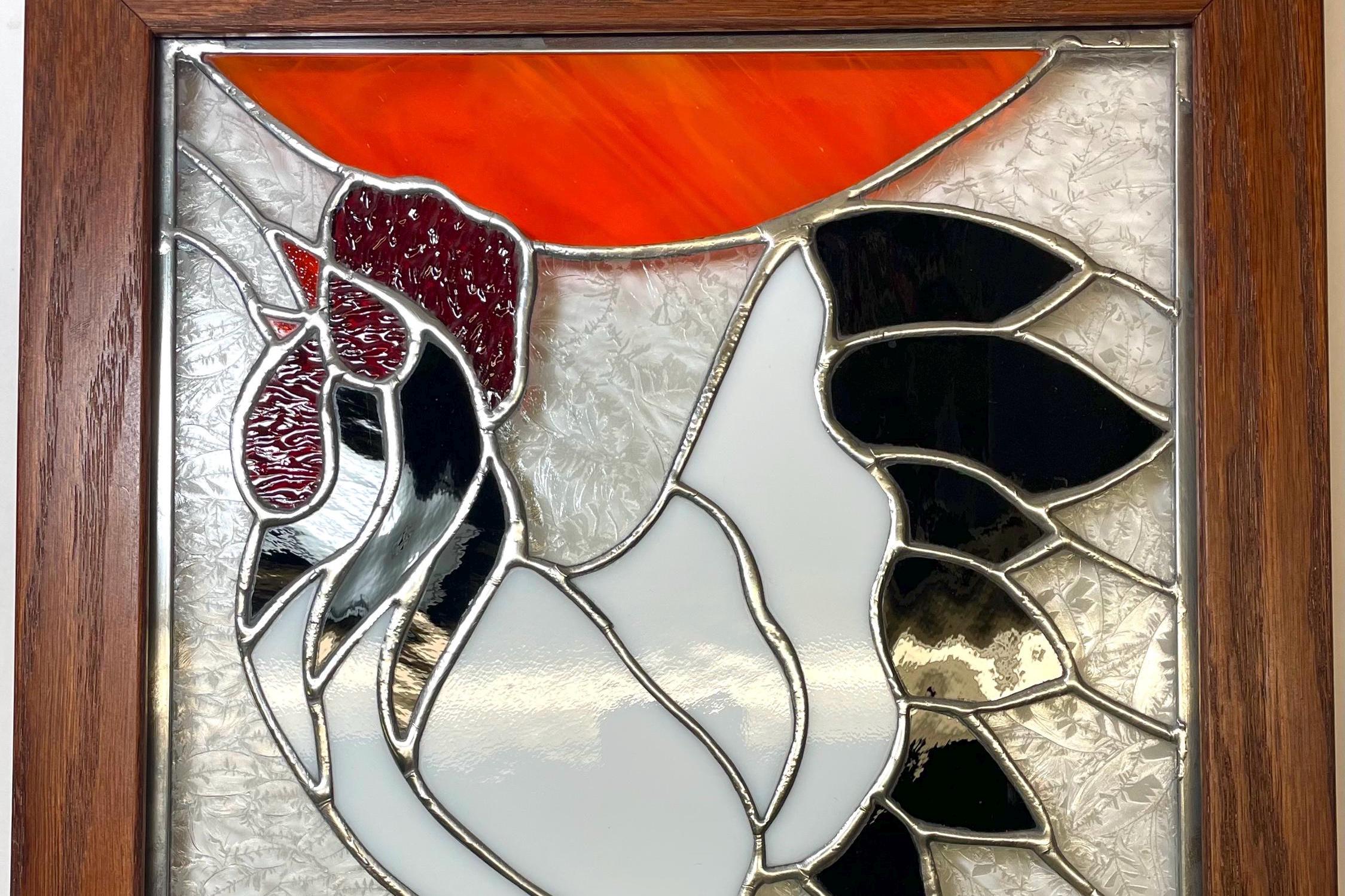 Crowing Rooster Framed Stained Glass Window Panel