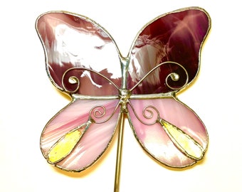 Purple and Pink Butterfly Stained Glass Garden Art Stake