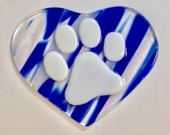 Spirit Glass Paw Heart Fused Glass Sun Catcher Blue & White