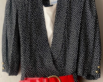 Black Polka Dot Dress Secretary Periwinkle Brand Sz S/M Red Faux Leather Belt Modest 3/4 Sleeves Vintage Ladies Clothing