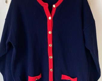 Blue Red 100% Wool Sweater Cardigan Mackinnon Of Scotland Ladies Size L/XL? Faux Front Pockets Vintage Clothing