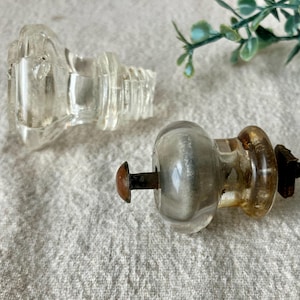 2 Vintage Crystal Drawer Knobs Threaded Glass Mismatched Sellers Cabinet Hardware