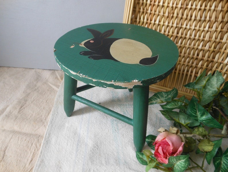 Vintage Painted Green Rabbit Milk Stool Wooden Doll Small at Quilted Nest