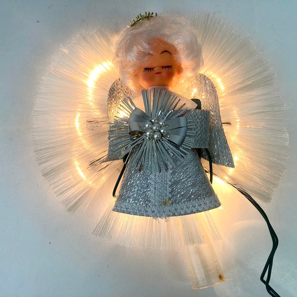Angel Tree Topper Lighted Santa’s World Silver White Fiberglass Original Box Works Vintage Christmas