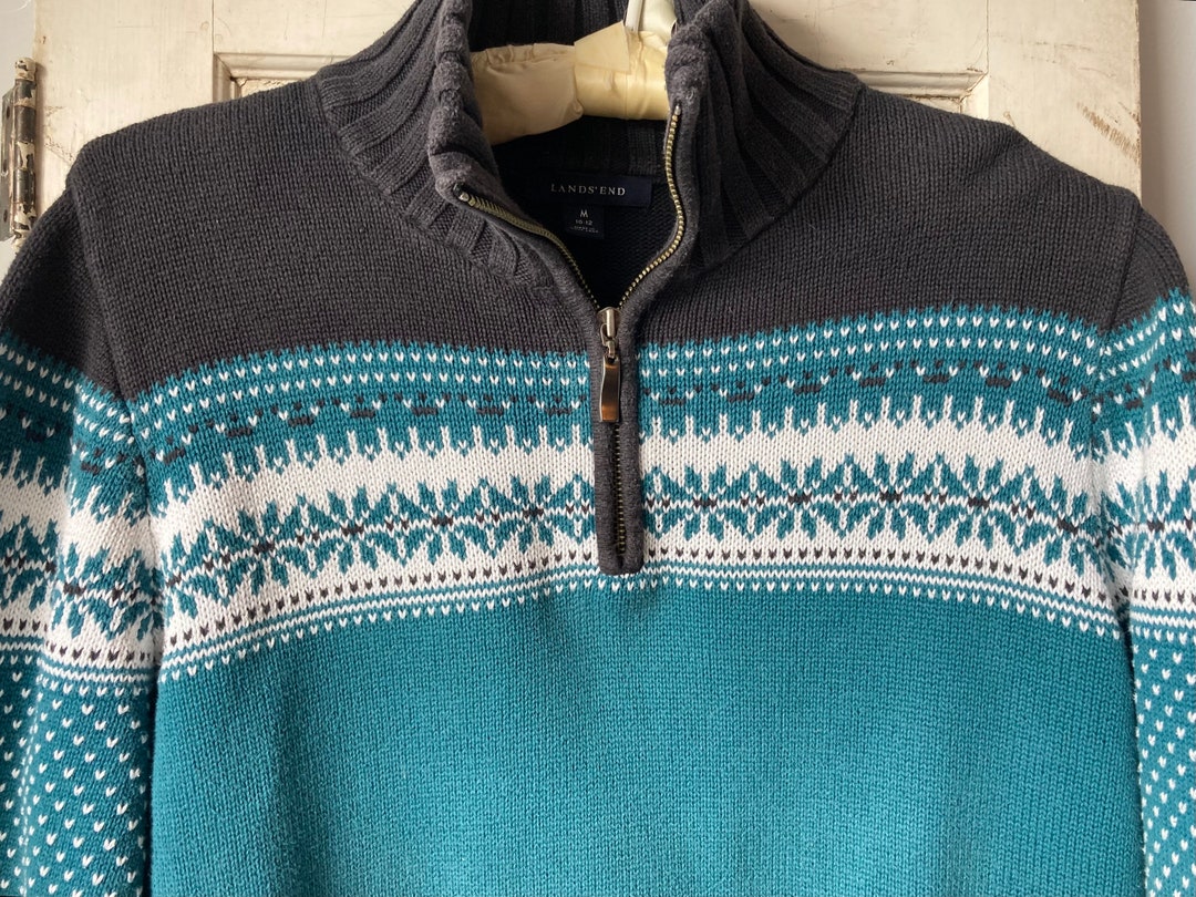 Lands End Ladies Sweater Fair Isle Style 1/4 Zip Teal Black Etsy