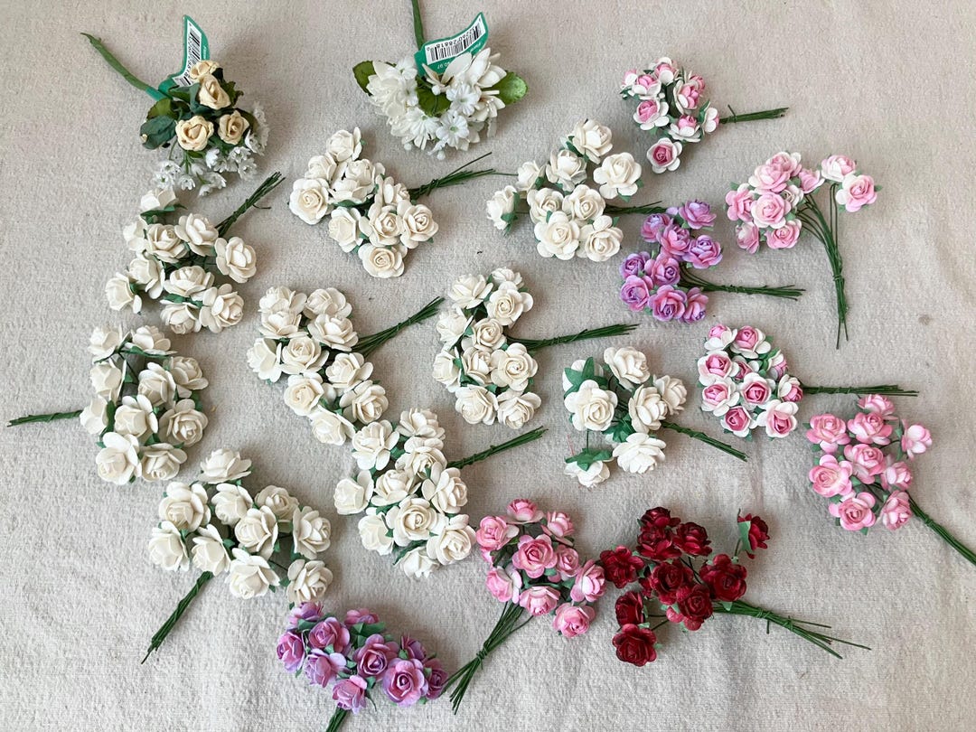 Lot Miniature Paper Roses Flowers 19 Bundles Millinery Pink White Wired ...