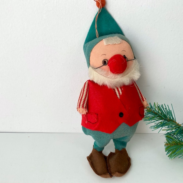 Fun Farm Christmas Elf Man Felt Toy Plush Ornament Japan Fuzzy Beard Santa's Helper Pom Pom Nose Glasses Vintage Novelty