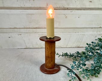 Vintage Spool Lamp Factory Thread Accent Table Candle Electric Wooden Baer Co Berwick PA at Quilted Nest