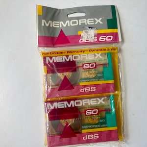 2 Memorex dBS 60 Blank Cassette Tapes Sealed New Pink Teal Clear Vintage Media at Quilled Nest