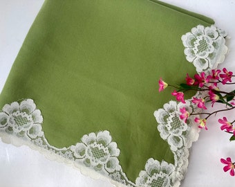 Avocado Green Square Tablecloth Boho 50” White Lace Floral Edge Vintage Table Linens at Quilted Nest